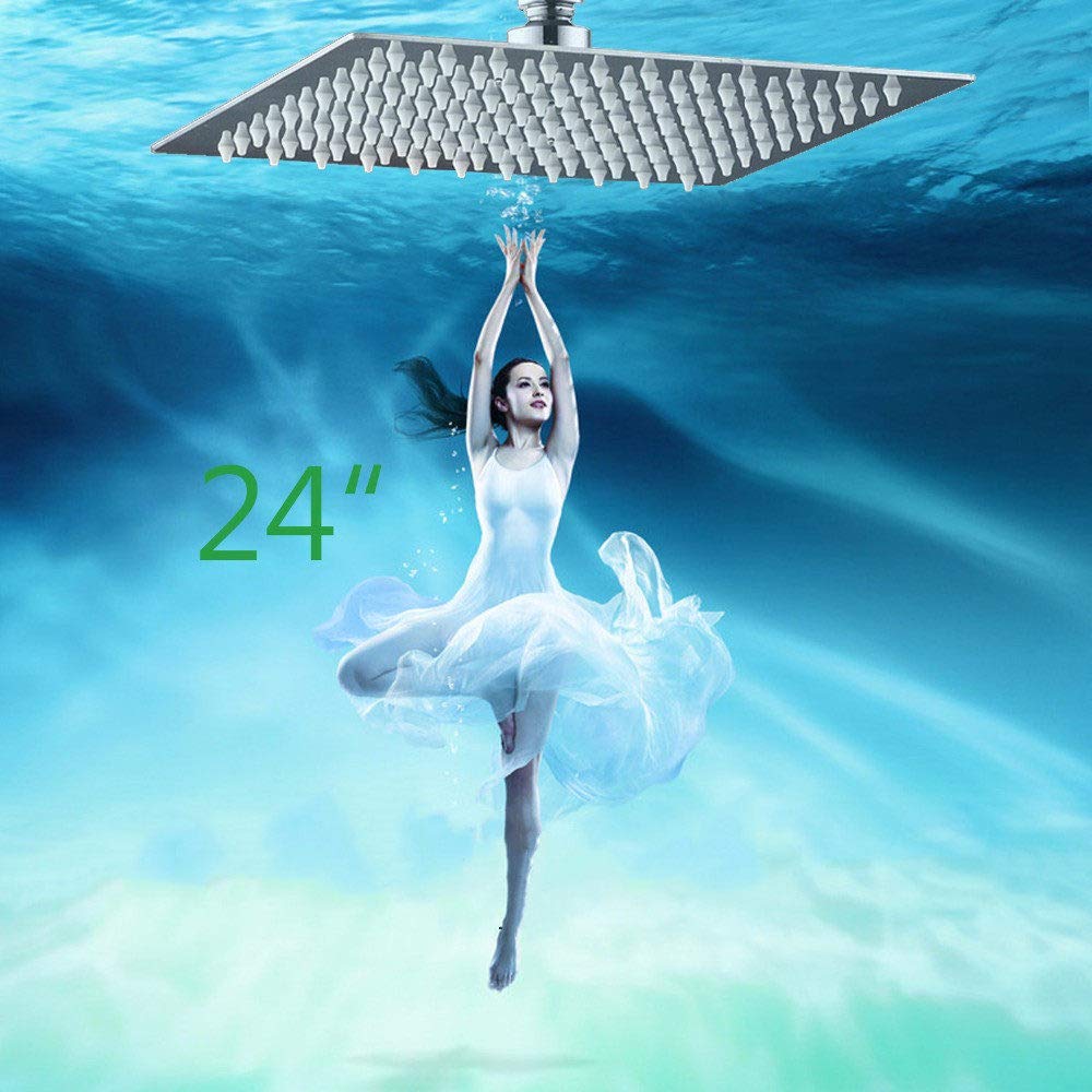 24 pulgadas, cromo, lluvia, sobre la cabeza, baño de lavado, montado en la pared, estilo cuadrado, latón, cascada, ducha, rociador superior, cabezal de ducha, como se muestra