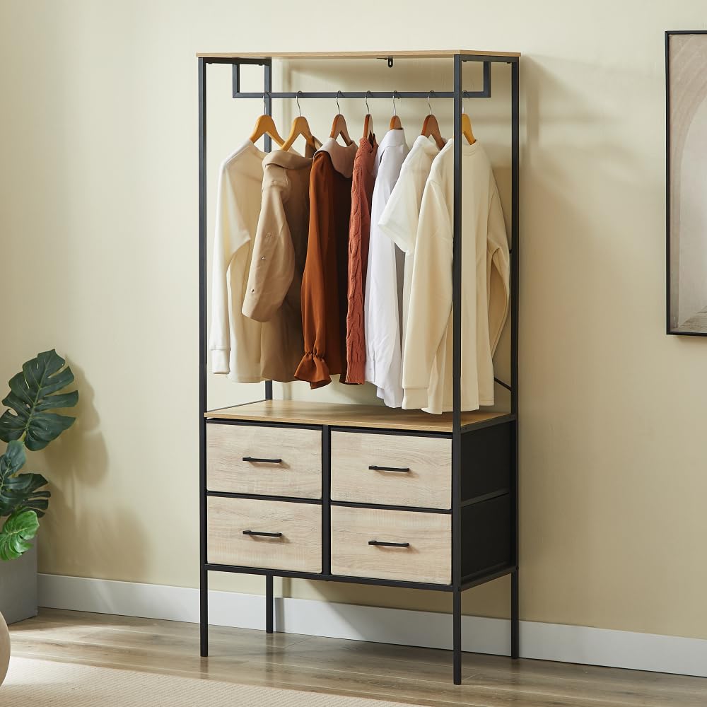 CASABEL Penderie Vêtements 4 Tiroirs en Tissu, Plateaux Bois et Métal Noir | Dressing ouvert, 4 tiroirs, Tringle à vêtements, Étagère supérieure, Gain de place, Structure robuste, Montage rapide