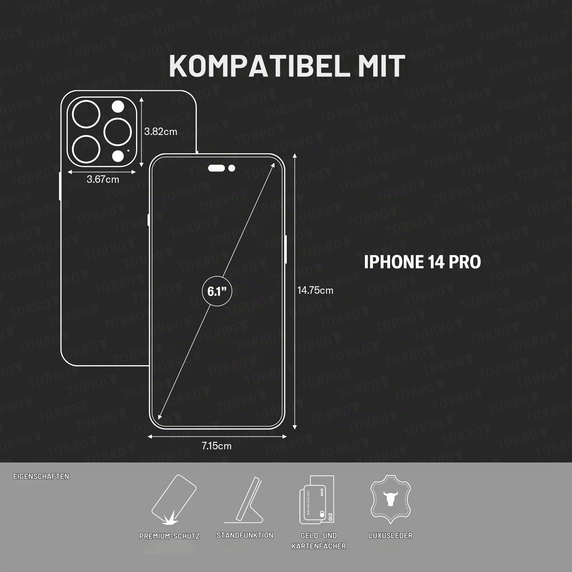 TORRO Hülle kompatibel mit iPhone 14 Pro – Premium Leder Hülle mit Standfunktion und Kartenfächern (Schwarz)