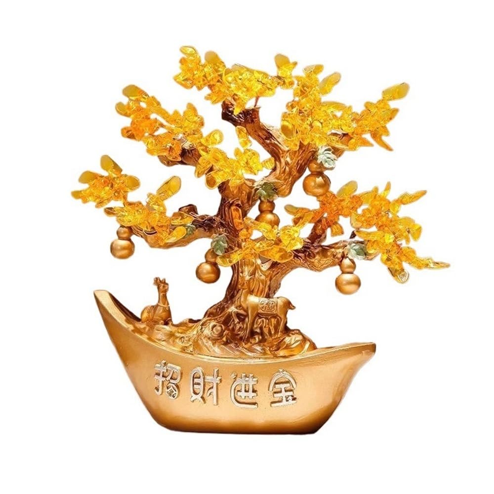 Fortune Crystal Trees Crystal Tree Ornament for Living Room, Office with Gold Ingot Citrine Decoration, Gemstone Feng Shui Attracting Wealth(Gold)
