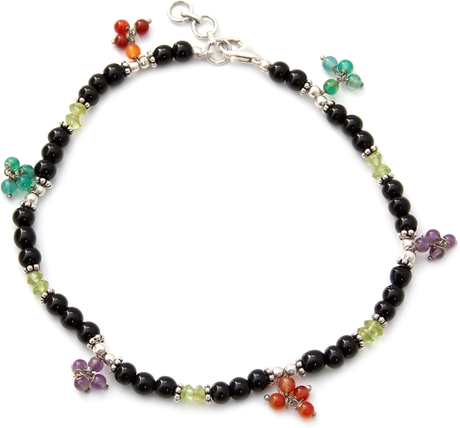 NOVICA Artisan Handmade Onyx Carnelian Anklet Sterling Silver Amber Multigem Amethyst Multicolor Beaded India Birthstone [10 in min L x 10.5 in max L 4 mm W Pendant(s) 0.5 in L x 0.2 in W x 0.2 in D]