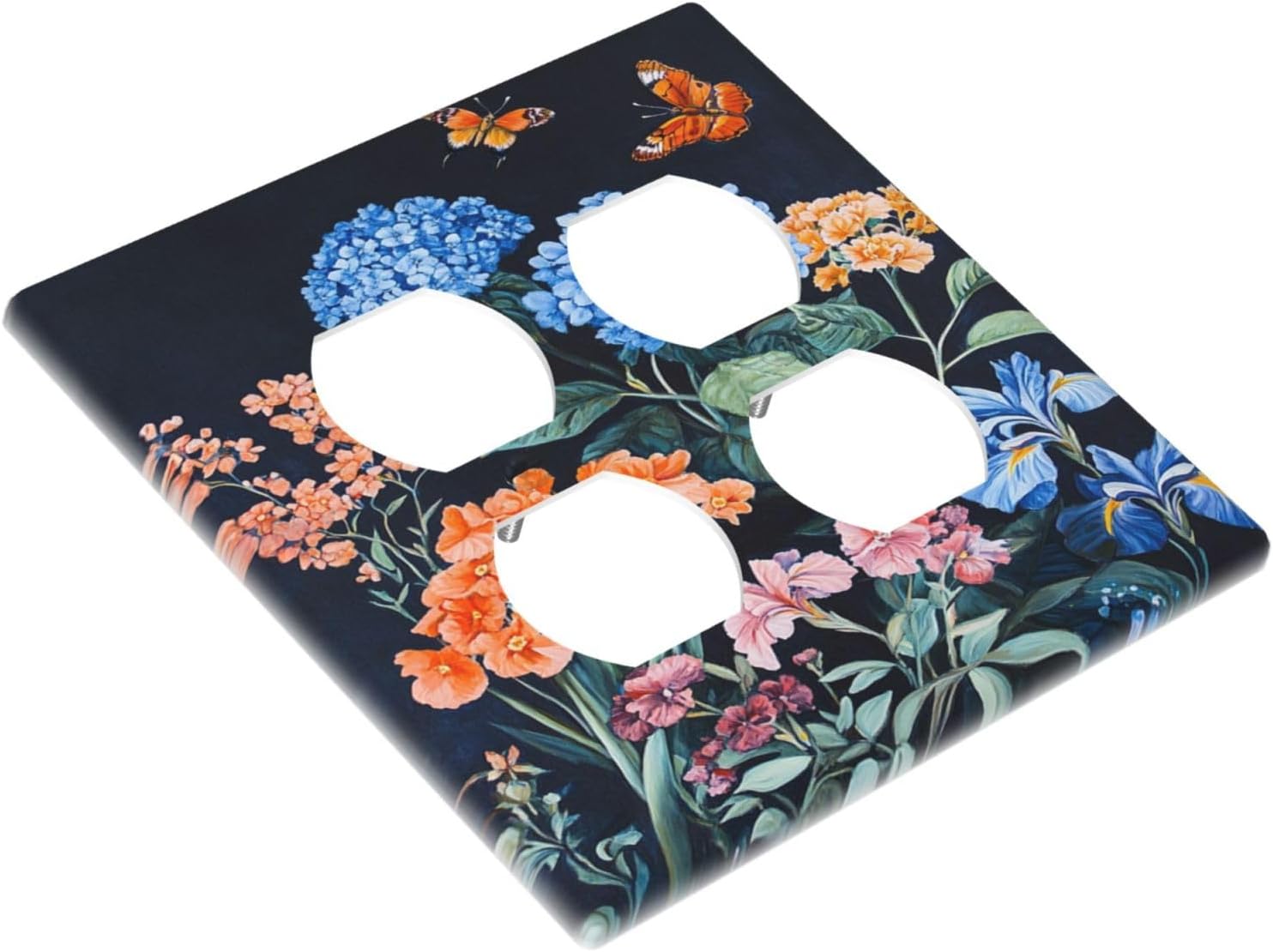 Decorative Light Switch Cover Plate Blue Hydrangea Iris Butterfly Wildflowers Plant 2 Gang Switch Plate Covers Double Duplex Wall Plates Switch Plates and Outlet Covers for Bathroom Bedroom