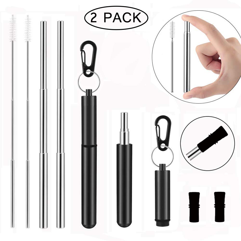 Retractable Metal Straws - AnSaw 2 Pack Telescopic Reusable Straw Stainless Steel Metal Straw Portable Drinking Straw- Aluminum Case,Keychain,silicone tip, Cleaning Brush,Carabiner