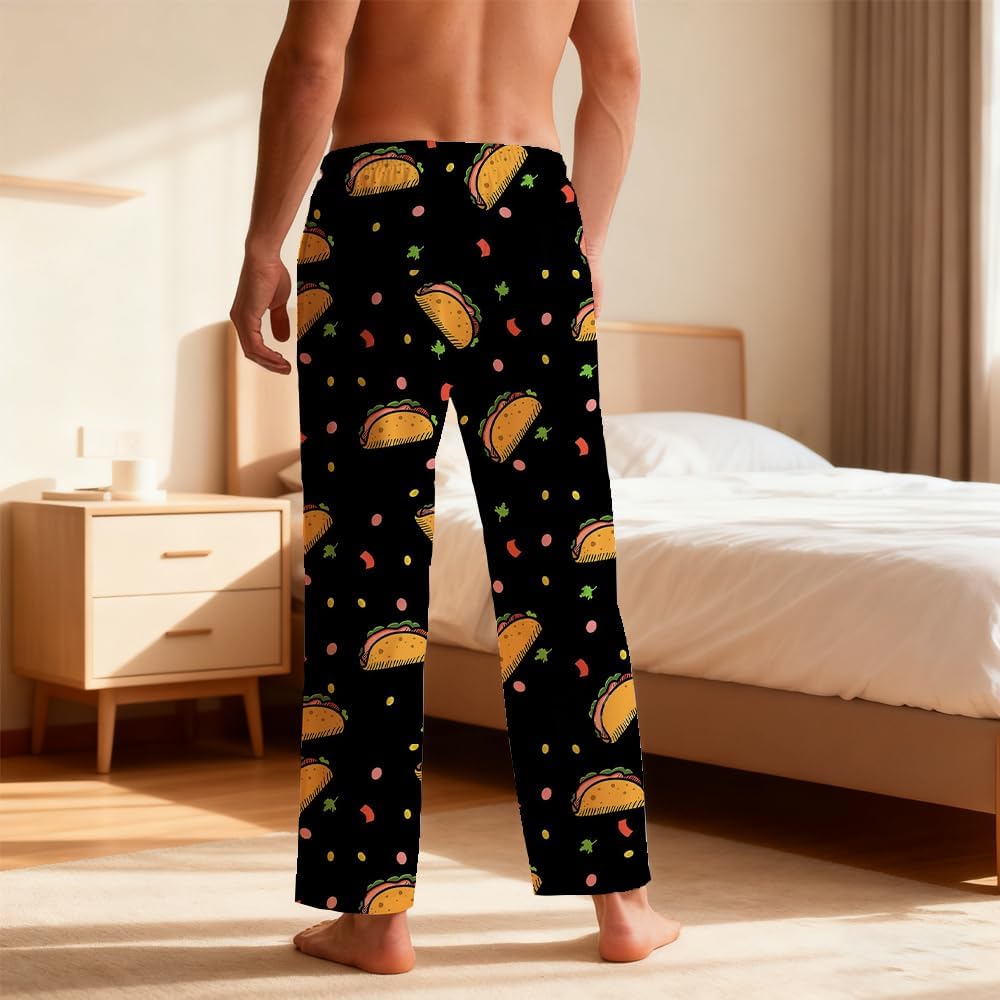 Mens Casual Pajama Pants Funny Taco Print Casual Loungewear Comfortable Soft Pjs Drawstring Sleep Pants with Pockets