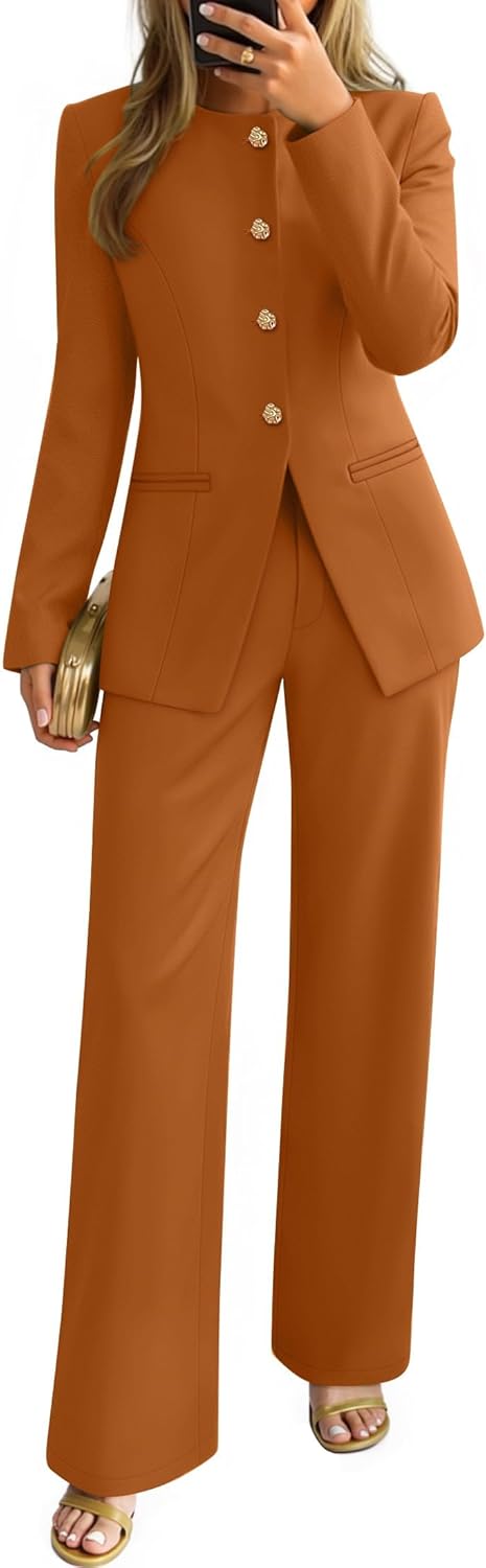 ZESICA Women's 2025 Fall Two Piece Suits Set Casual Business Long Sleeve Blazer Jacket Wide Leg Pants Work Outfits Sets