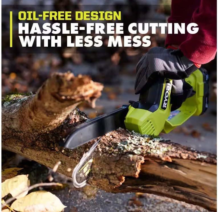 RYOBI mini chainsaw cutting a log on the ground