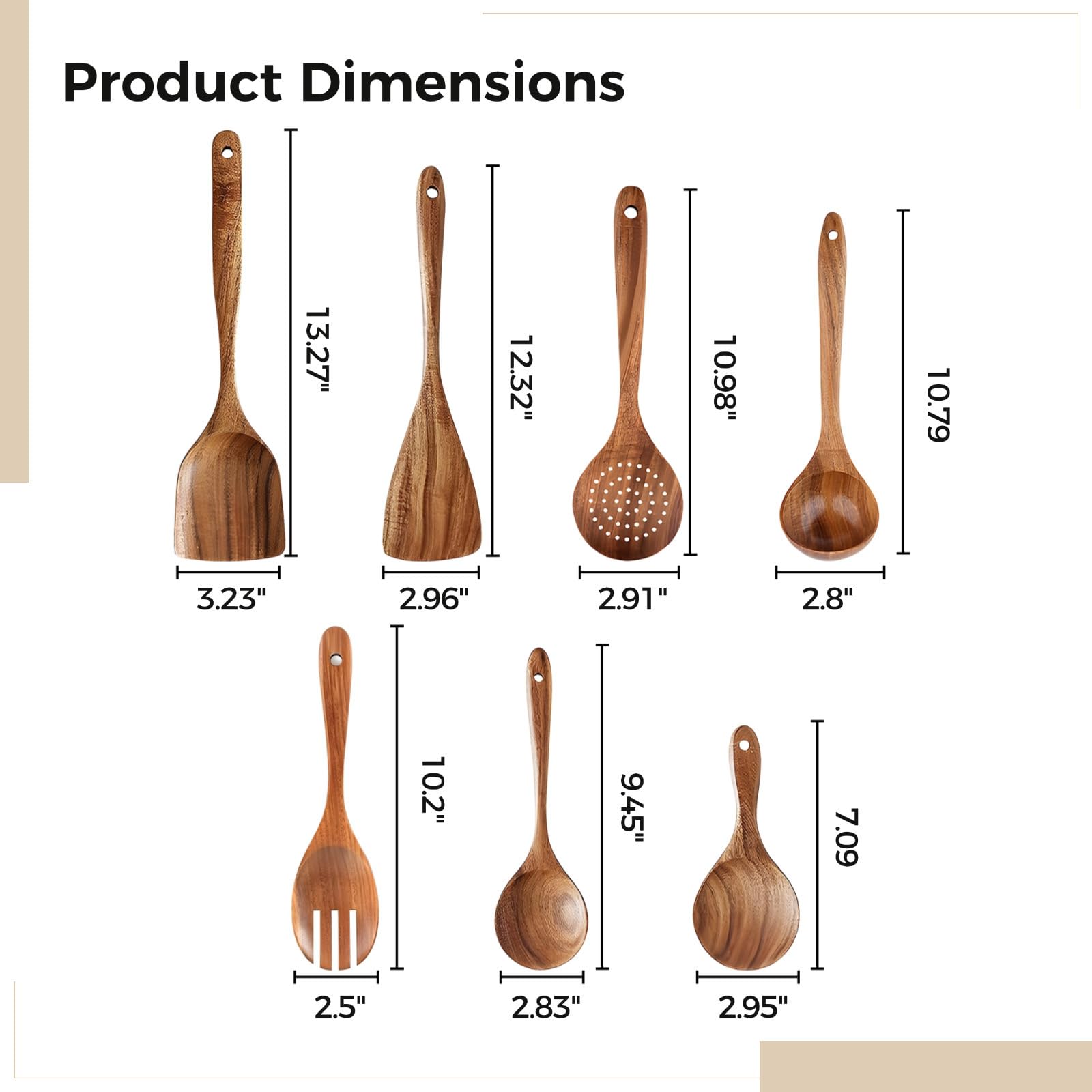 Küchenhelfer-Set, 7-teilig, aus Teakholz, Kochutensilien aus Holz mit langen Griffen, antihaftbeschichtet und hitzebeständig, ideal für den täglichen Gebrauch