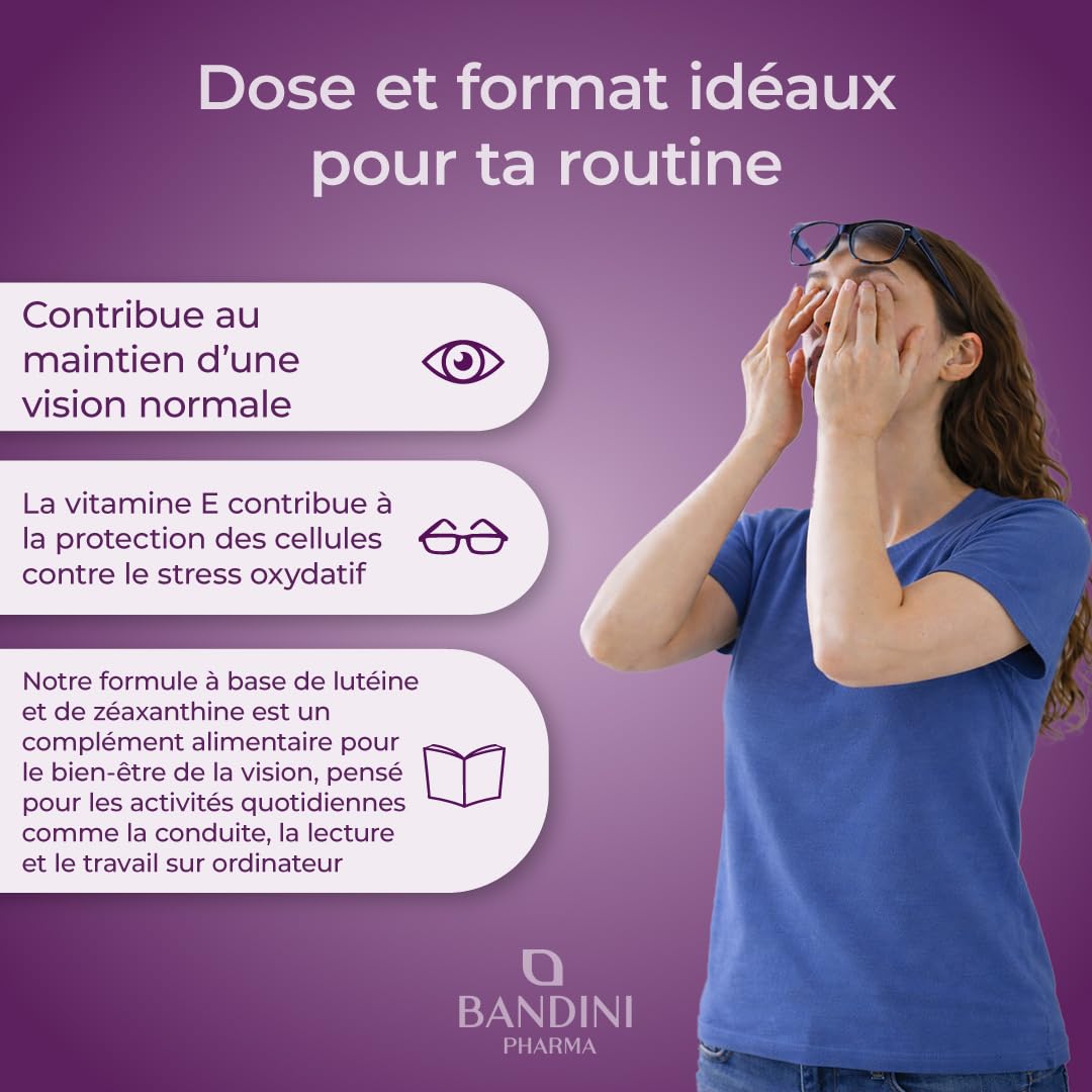 Bandini® Lutéine et Zéaxanthine à Haute Dose, Complément Antioxydant pour les Yeux avec Myrtille et Vigne Rouge, Zinc, Vitamines A, B2 et E – Soutien Naturel de la Vision – 90 Comprimés