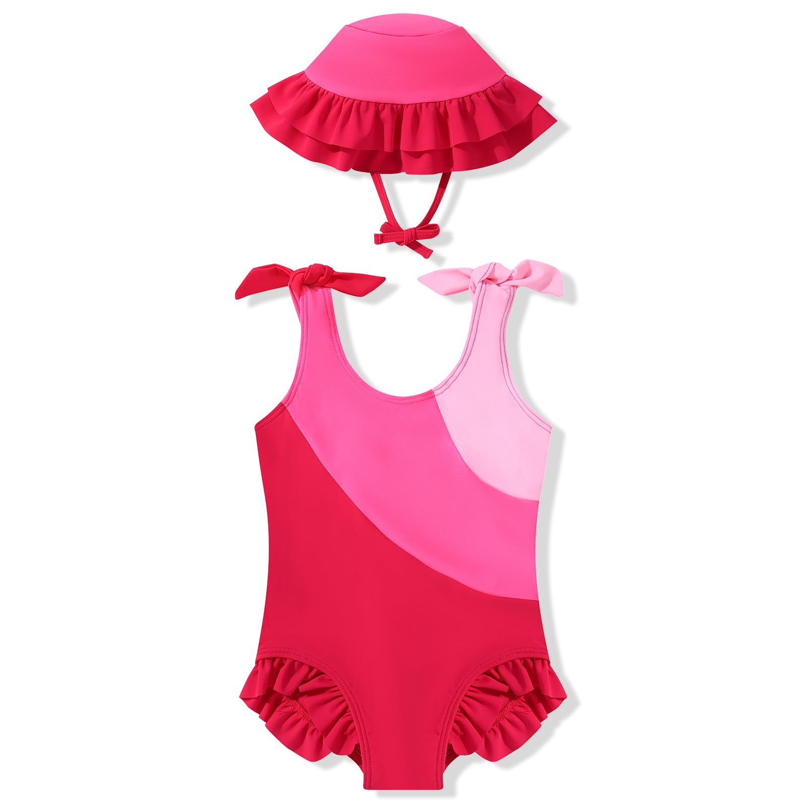 Toddler Girls Swimsuit Ruffle Color Block Bathing Suit Baby Girl Summer Beach Bikini Bowknot One-Piece Swimwear with Sun Hat