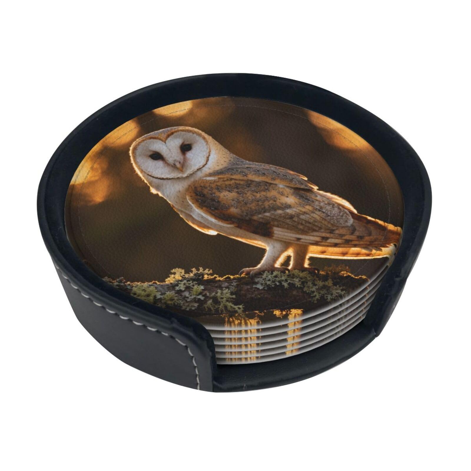 Cntdbu White Heart-Shaped Owl Leather Coasters Set Of 6-Pu Leather Drink Mats For Table, Heat Resistant Round Coasters With Holder