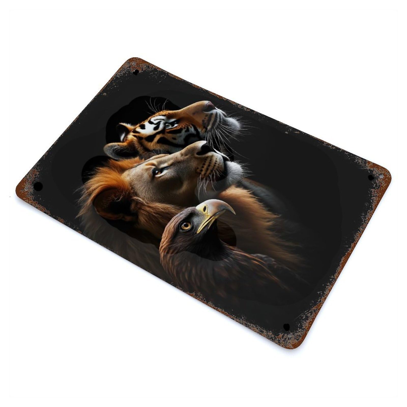 Lion Tiger Eagle, Wild Life Portrait Decorative Tin Sign 11.8"x7.9", Old School Wall Decor for Garage, Pub Or Kitchen