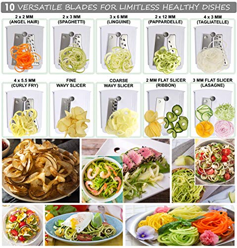 Brieftons 10-Blade Spiralizer: Strongest-and-Heaviest Vegetable Spiral Slicer, Best Veggie Pasta Spaghetti Maker for Low Carb / Paleo / Gluten-Free, With Blade Caddy, Container, Lid & 4 Recipe Ebooks