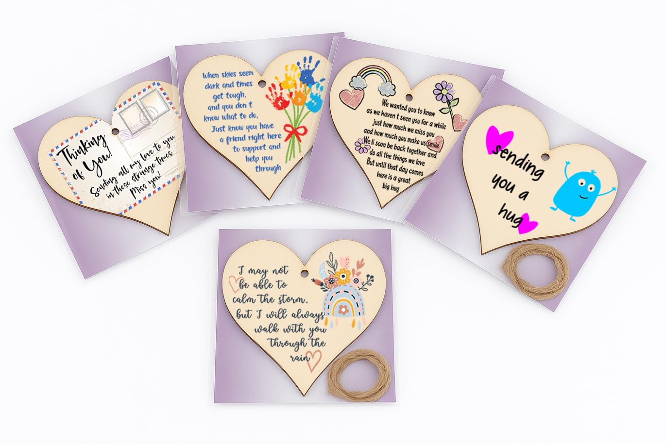 Pack of 5 Thinking of You Heart Plaques – x5 Set of Wooden Hanging Gift Signs with Twine – Letterbox-Friendly Keepsakes – Thoughtful Present for Loved Ones Far Away or Going Through a Hard Time