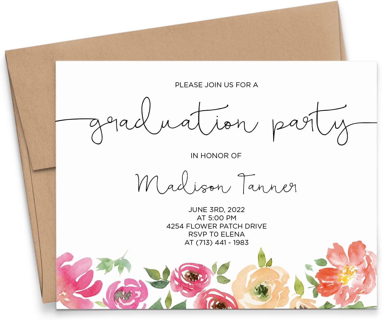 Modern Pink Paper Personalized Graduation Celebration Invitations with Florals, Floral Grad Party Invites, Elegant Graduation Invitation with Envelopes, Your choice of Quantity and Envelope Color