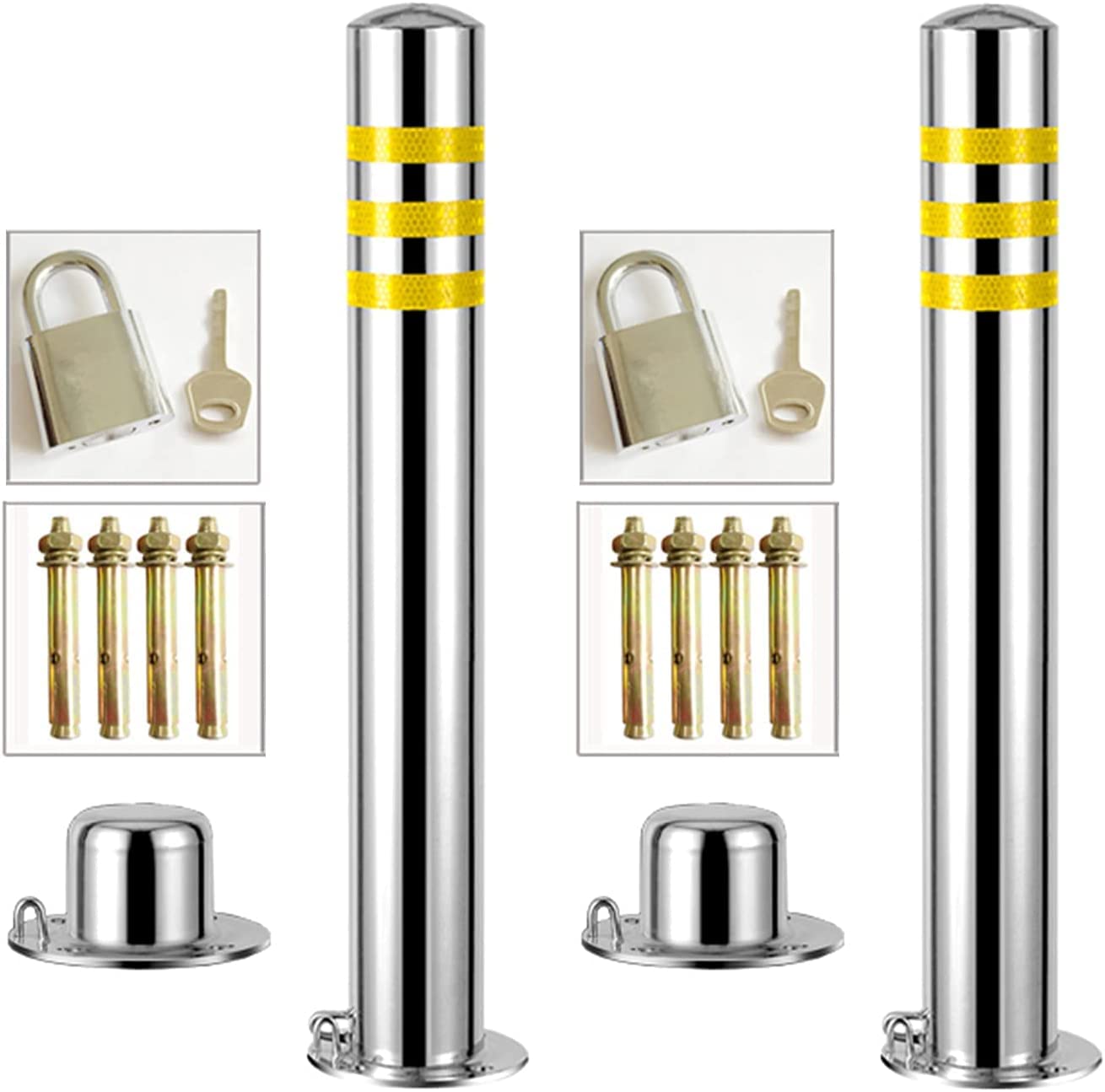 HCZKIUJY Stainless Steel Security Bollard for Driveway,Reflective Parking Pole,Fixed Parking Bollards,Easy Installation Parking Barrier Post