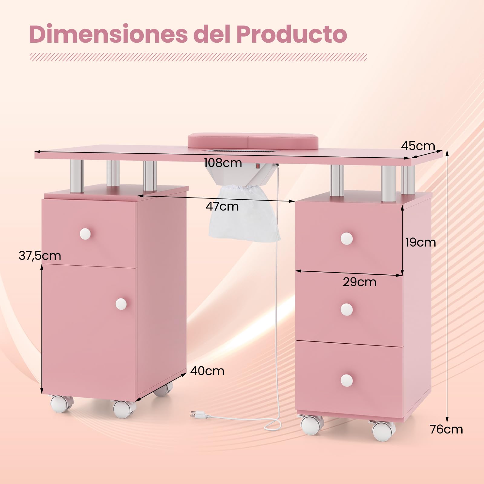 COSTWAY Mesa de Manicura con Aspirador Eléctrico, 3 Bolsas para Polvo, Reposamuñecas, 6 Cajones, Mesa para Uñas con 8 Ruedas, Mesa Manicura Profesional para Salones de Belleza, 108x45x76 cm (Rosa)