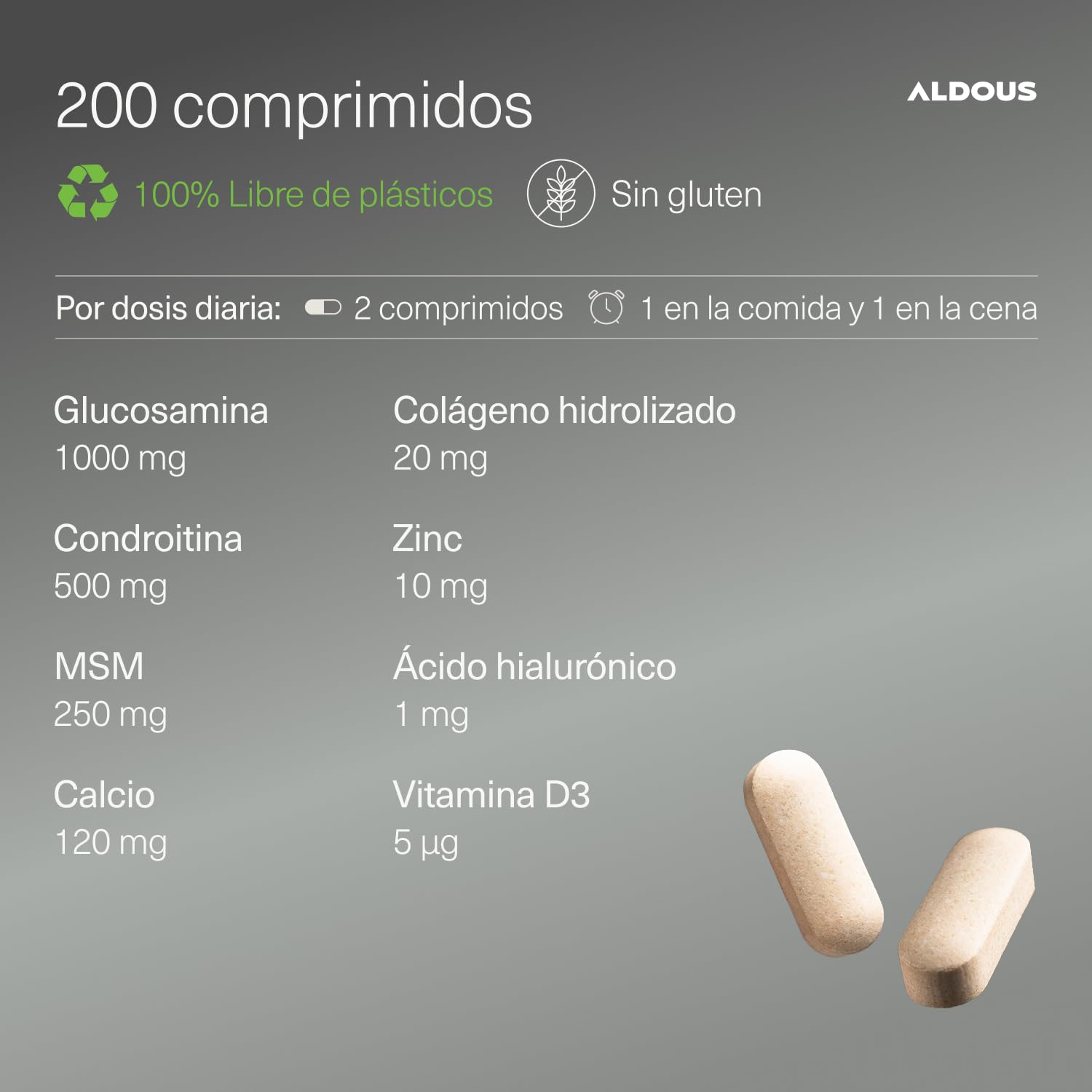 Glucosamina Condroitina MSM - 200 comprimidos XL - Colágeno, Ácido Hialurónico, Zinc, Calcio y Vitamina D3 - Antiinflamatorio Natural - Para Huesos y Articulaciones - Libre de plástico - ALDOUS