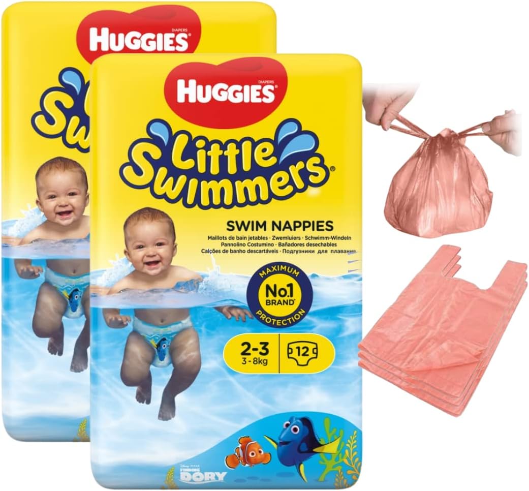Swim Nappies - Disposable Huggy Nappies for Babies with 200 Tilz Nappy Bags Little Swimmers Size 2-3 (7-15kg) - 24 Waterproof Nappies for Swimming - Great for Summer Outdoors Paddling Pools