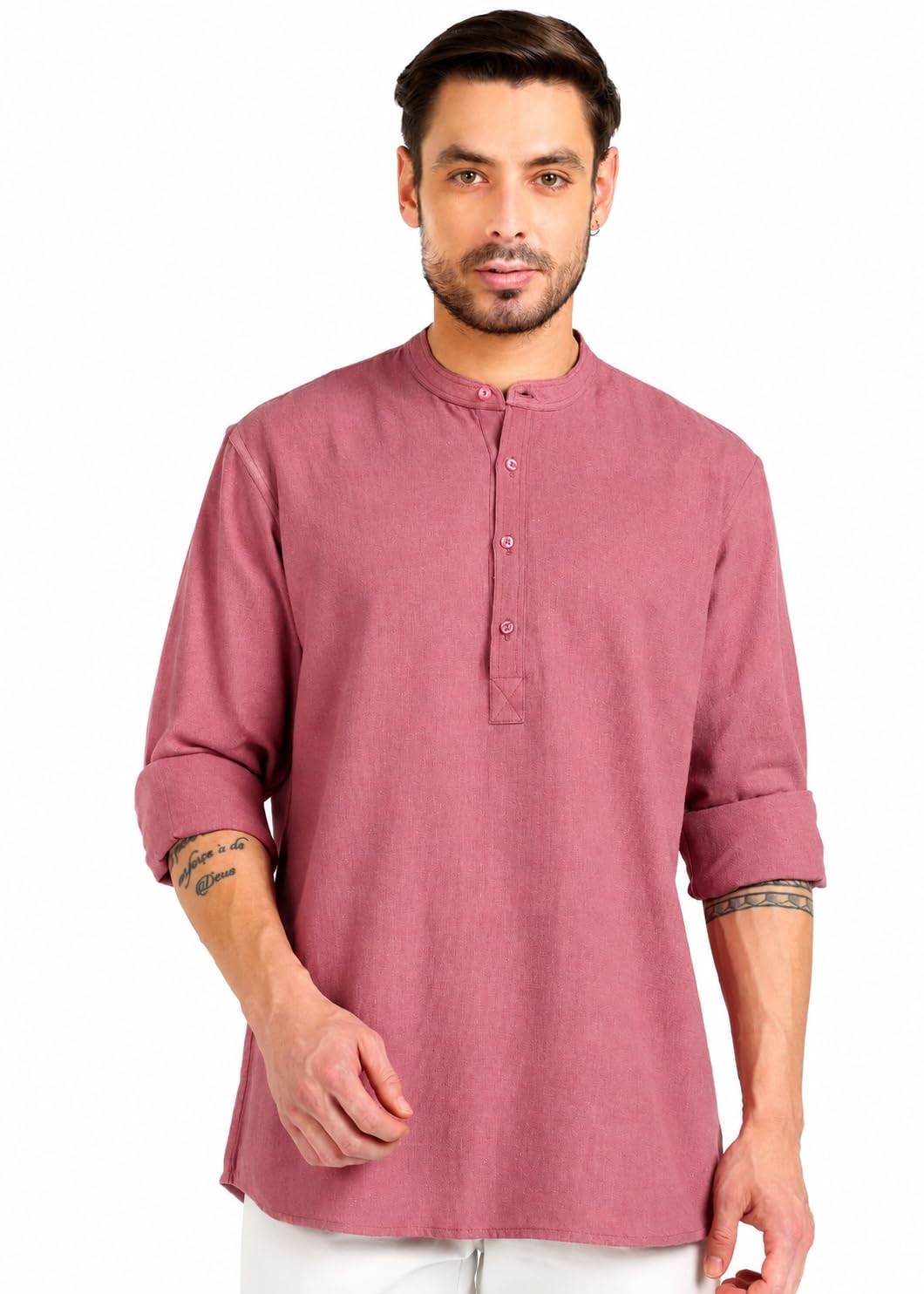 Men Solid Longline Textured Short Kurta with Mandarin Neck|Straight Fit|100% Cotton|Plain|Full Sleeve|Summer & Casual-image-48
