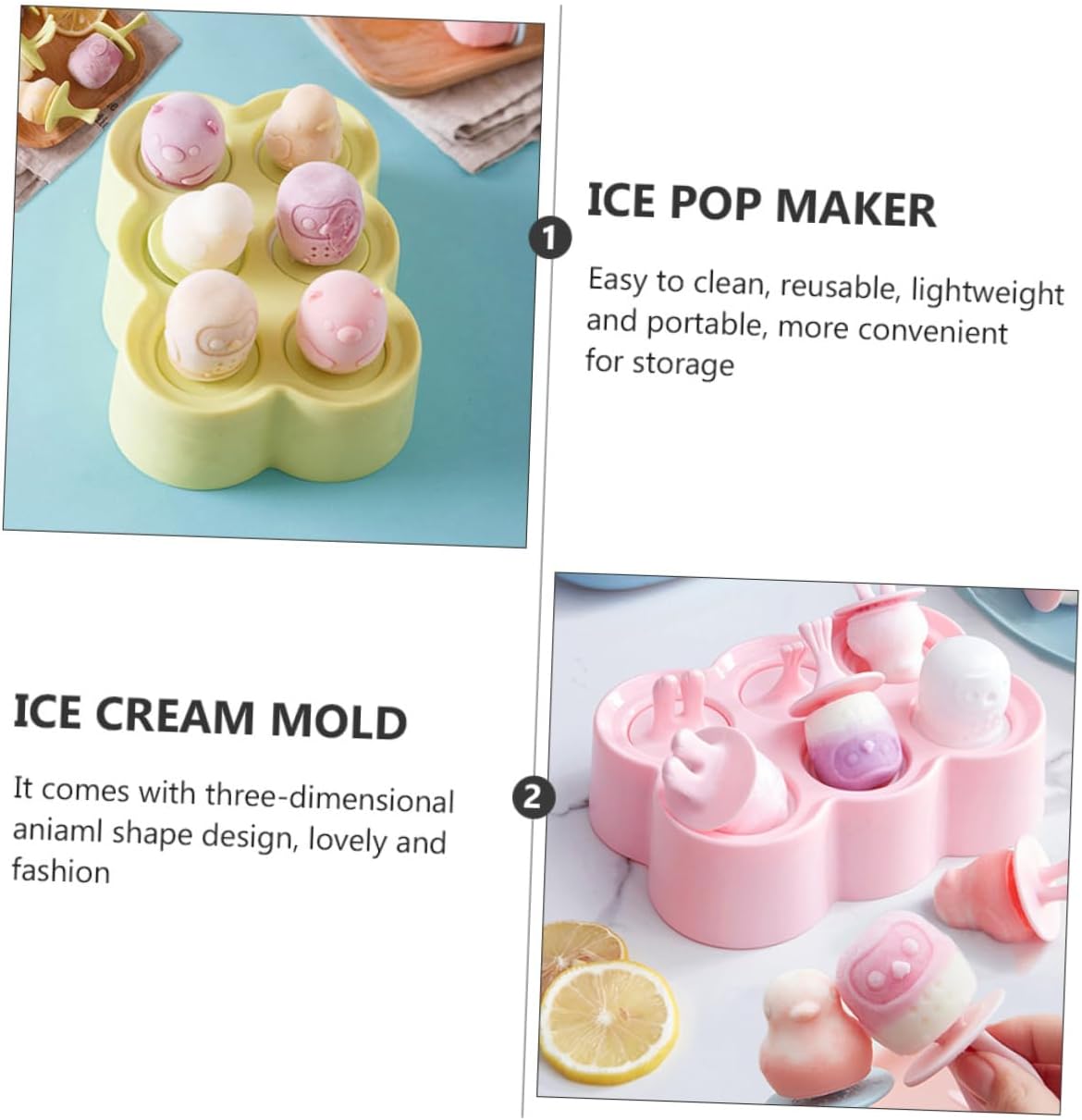 4sets Silicone Molds Cute Animal Shaped Ice Cream Makers for Treats Food-grade Silicone Easy to Use and for Homemade Ice Cream Yogurt and Pudding