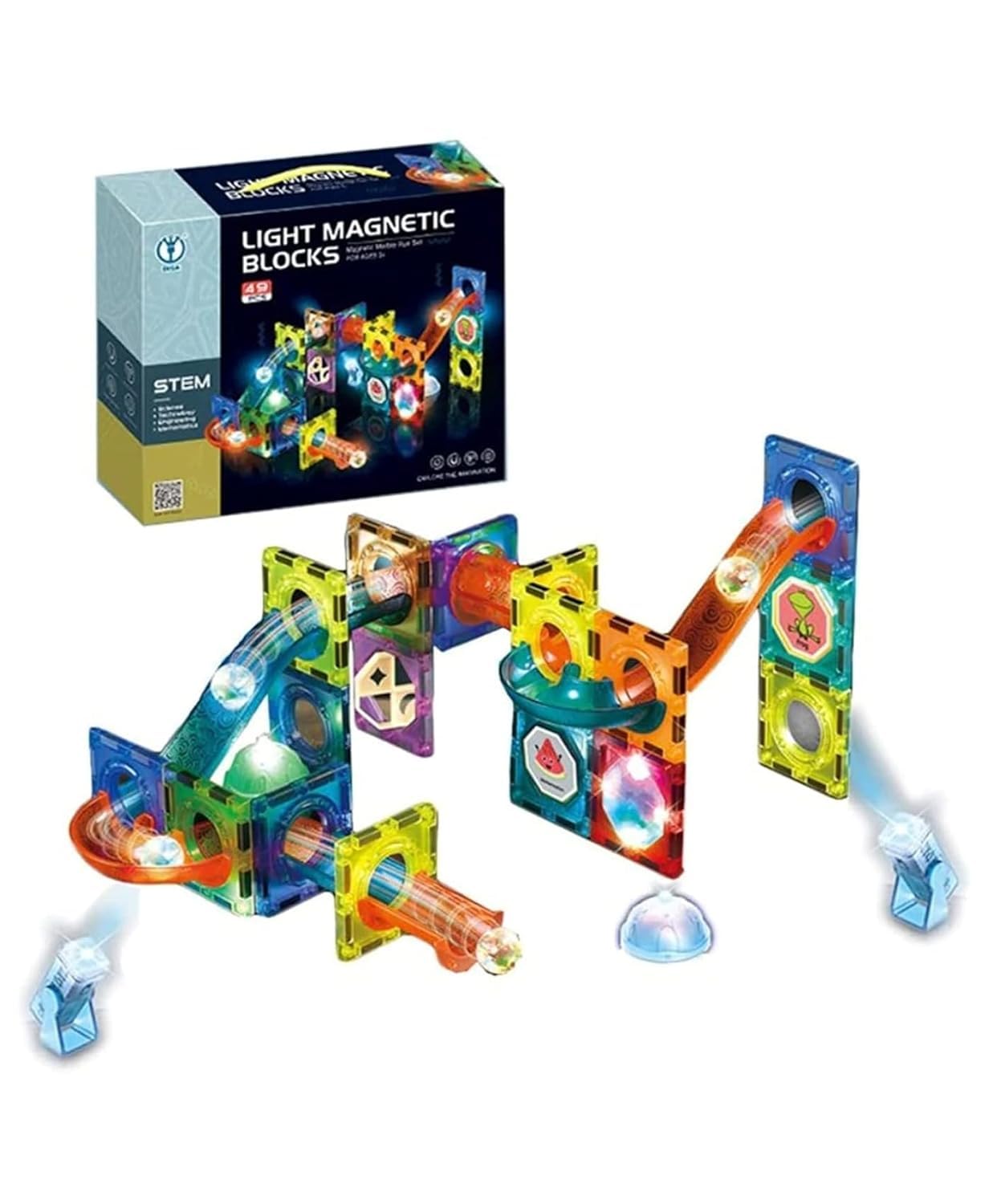 Kidoyz Light Magnetic Tiles - Building Blocks for Kids, 3D STEAM Educational Toys, Magnetic Marble Run/Toys for Kids Age 3+ Year Old Boys and Girls, Creative Gift (49 Pcs Magnetic Tiles)
