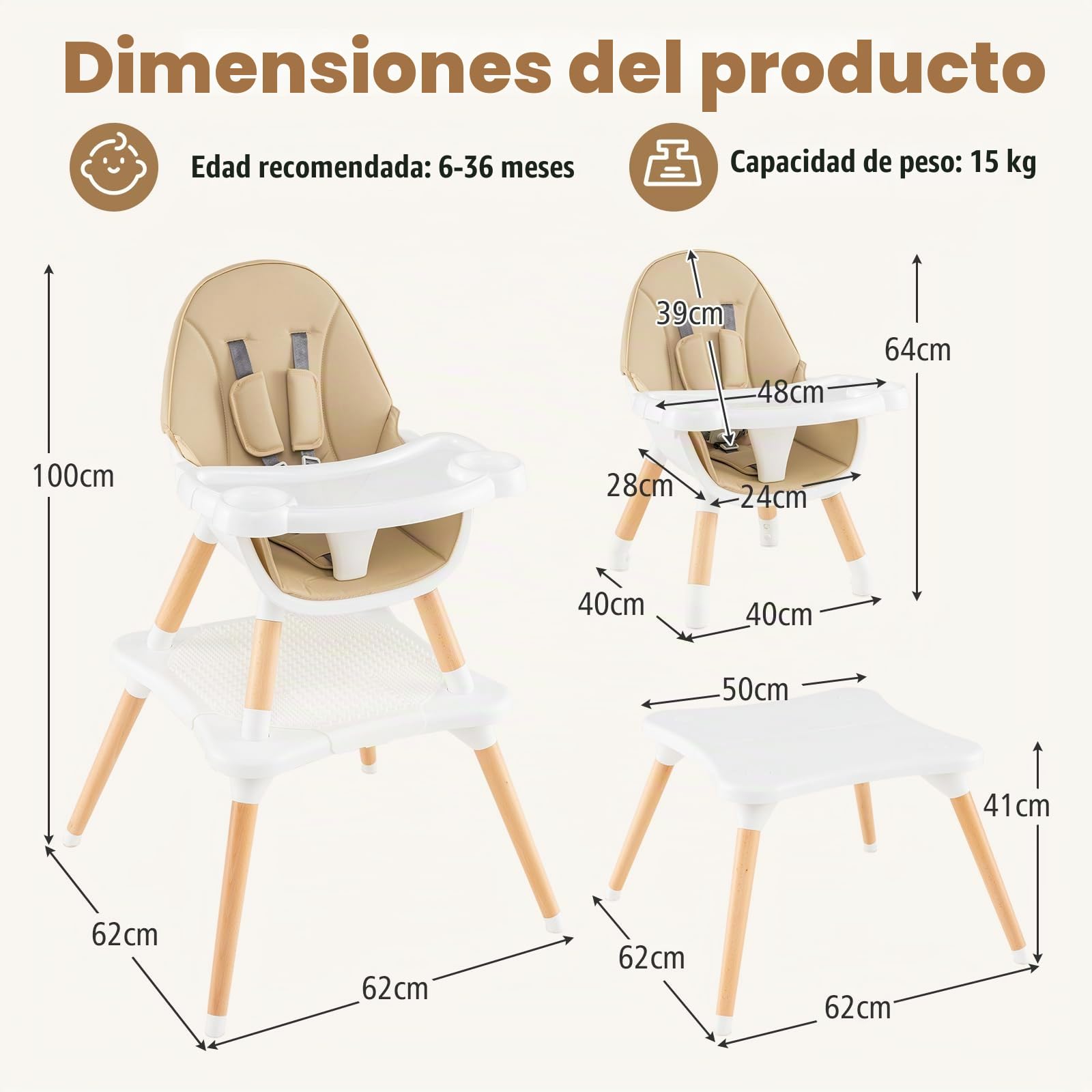 LIFEZEAL Trona para Bebé, Silla de Comedor 6 en 1 con Cojín de Asiento Extraíble, Arnés de Seguridad, Asiento Infantil con Bandeja Extraíble y Tabla de Bloques para Bebé de 6 a 36 Meses (Caqui)