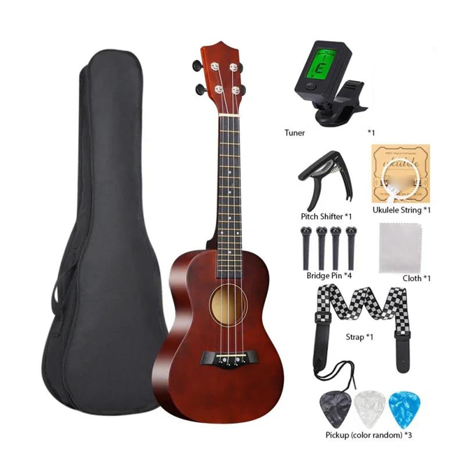 Leistungsart Ukulele 23 Zoll Akustik Ukulelen Set Mit Tasche Saiten Gurt Steg Nadel Kapodaster Plektrum Und Stimmgerät(Coffee)