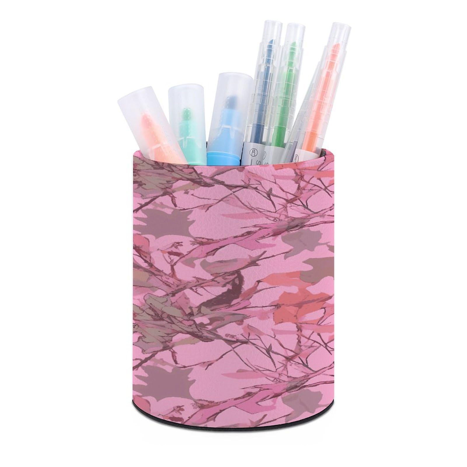 Pink Leaves Camo Pen Holder Multi-Functional Round Pencil Holder Cute Office Decoration Pen Cups Simple Design PU Leather Paintbrush Cups for Home Office Desk