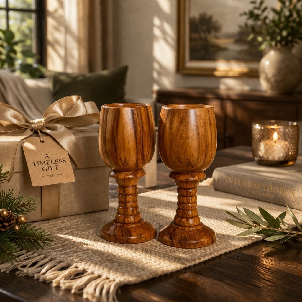 Wine Chalice Pair – Vintage Style Handmade Wooden Wine Glasses, Toasting Goblets, Drinking & Dining Cups, Perfect for Gifting Collection