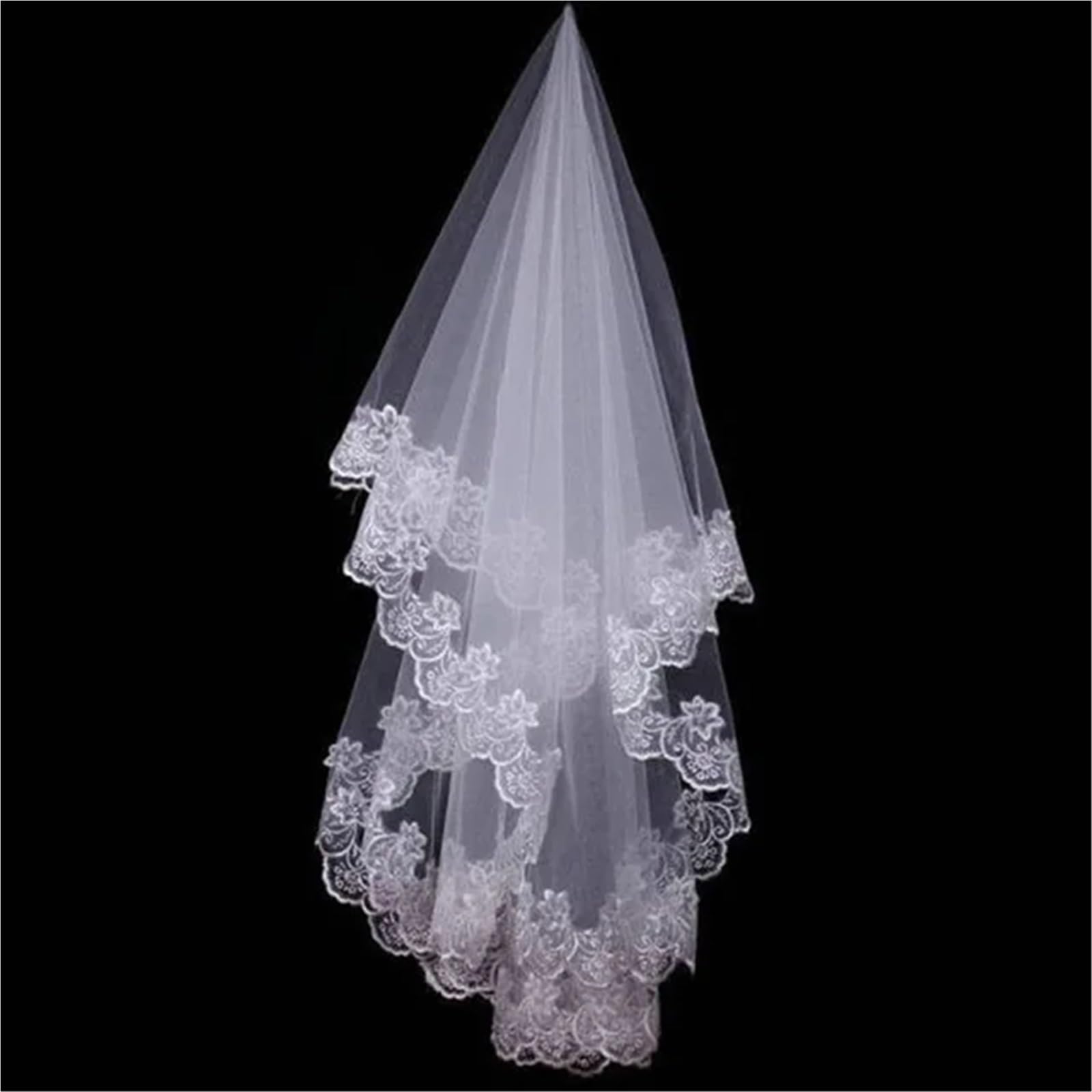 Veli, Veli da Sposa da Donna, Velo da Sposa Corto Bianco, Uno Strato, Pizzo, Bordo con Fiori, Applicazioni