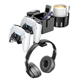 5 in 1 Desk Controller Holder - Rotating Headphone Hanger with Cup Holder - Clamp On Desk Organizer Holds Controller&comma; Headphone&comma; Cup&comma; Mobile Phone and Pen&lpar;Black&rpar;