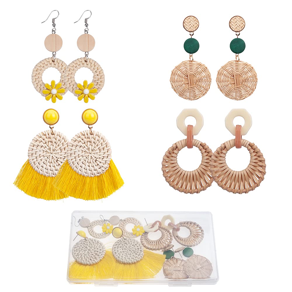 OwlTree Fashion Trendy Jewelry Acrylic Tassel Rattan Statement Earrings Bohemian Boho Earrings Hoop Stud Drop Dangle Earrings Sets for Women Multipack