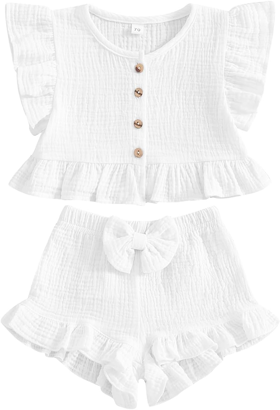 BemeyourBBs Summer Toddler Girl Clothes Baby Girl Ruffle Sleeveless Shirt with Buttons Bow Bloomers Shorts Set Cute Outfits