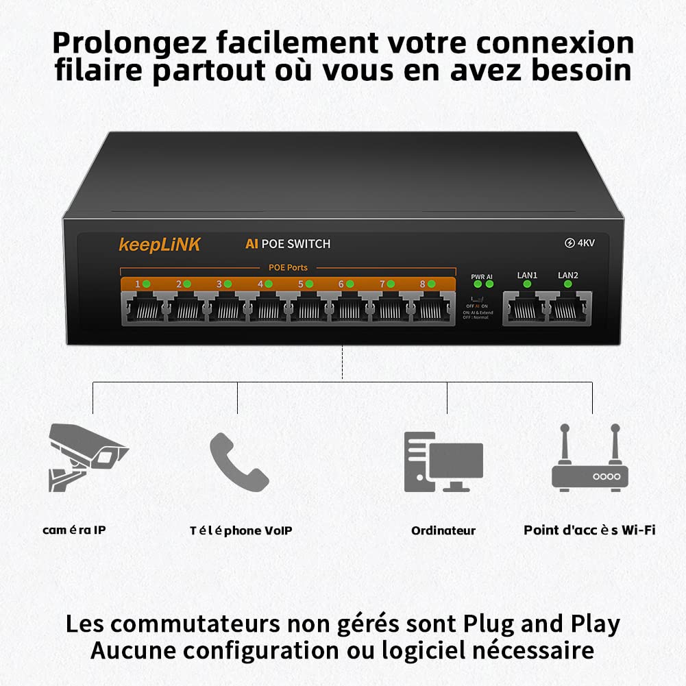 10 Port Gigabit PoE Switch, 8 Ports 1000Mbps PoE+, 2 Ports 1000Mbps Uplink, Puissance intégrée de 120 W IEEE802.3af/at, Plug and Play Non géré en métal sans Ventilateur