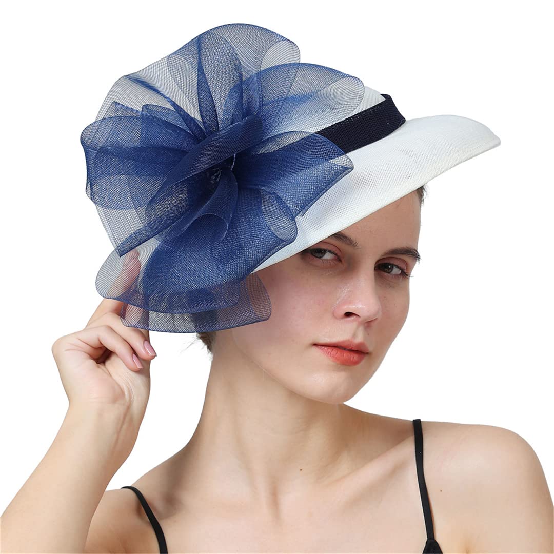 Damska formalna czapka imprezowa, nakrycie głowy, kwiatowy kapelusz-fascynator z klipsem do włosów, damska ozdoba kościelna,Spinka do włosów z motywem piór(Ivory with navy)