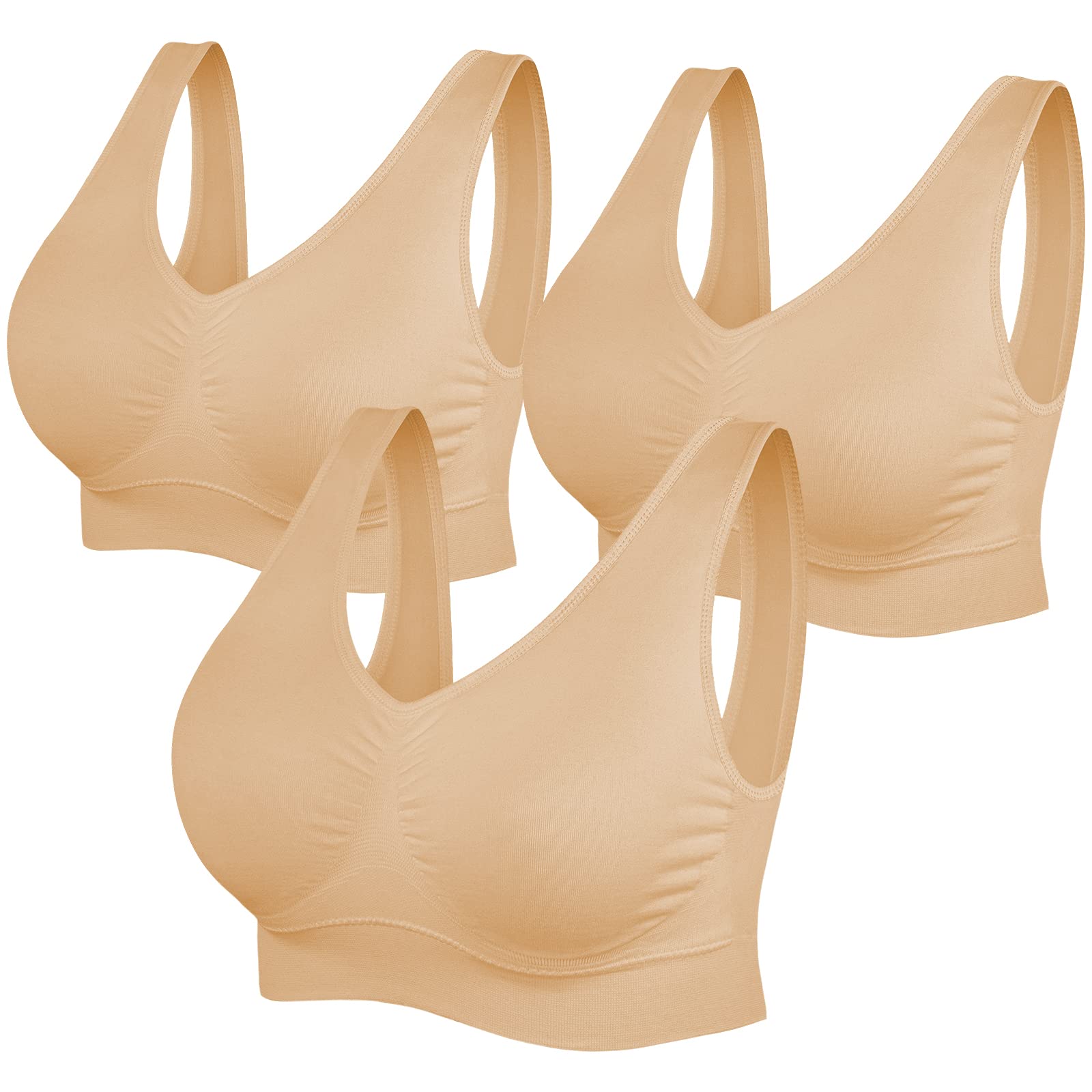 SIMIYA BH Damen ohne Bügel Bustier Damen große Brüste Schlaf BH Push up Sport BH gepolstert Bralette(3 Stück Beige,L)