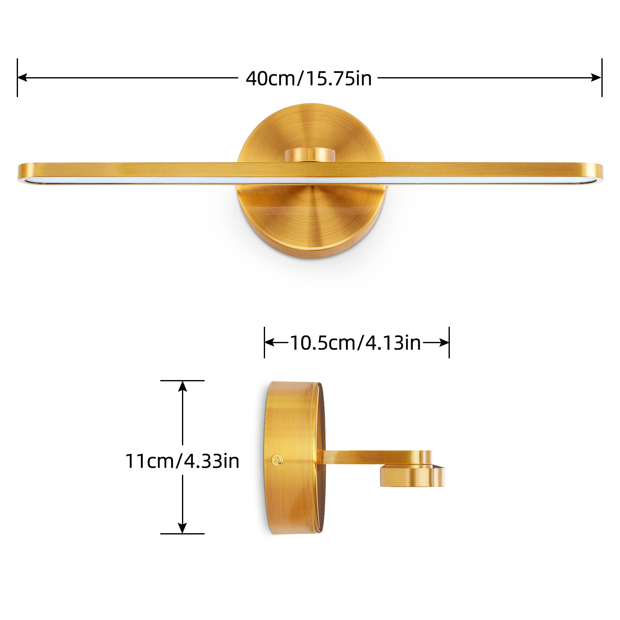 MantoLite Aplique LED latón pulido, Aplique para lámpara de cabecera, iluminación de cuadros 40CM 12W luz de espejo de baño IP44 3000K, luz de lectura Iluminación interior