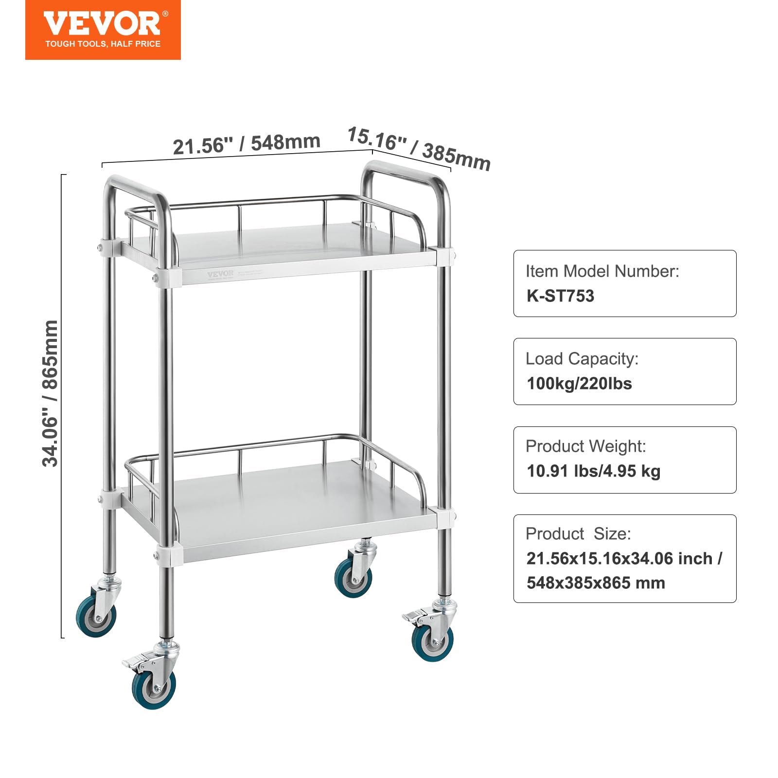 VEVOR Carro de laboratorio acero inoxidable 2 capas capacidad 100 kg ruedas giratorias médico