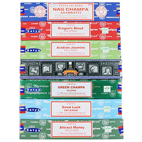 Image of Satya Incense Sticks Gift Set, 7 Scents, Nag Champa, Dragon's Blood, Arabian Jasmine, Super Hit, Green Champa, Goodluck, Attract Money, 15g Each (Relaxation Mix)