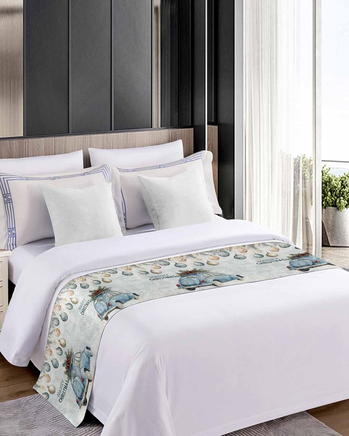 Bed Runner Merry Christmas Blue Car Berry Pine Bedroom Bedding Scarves for Queen Size Bed,Winter Snowflake Balls 94x20In Bed Runners Scarf for Hotel Guestroom Wedding Room Decortions