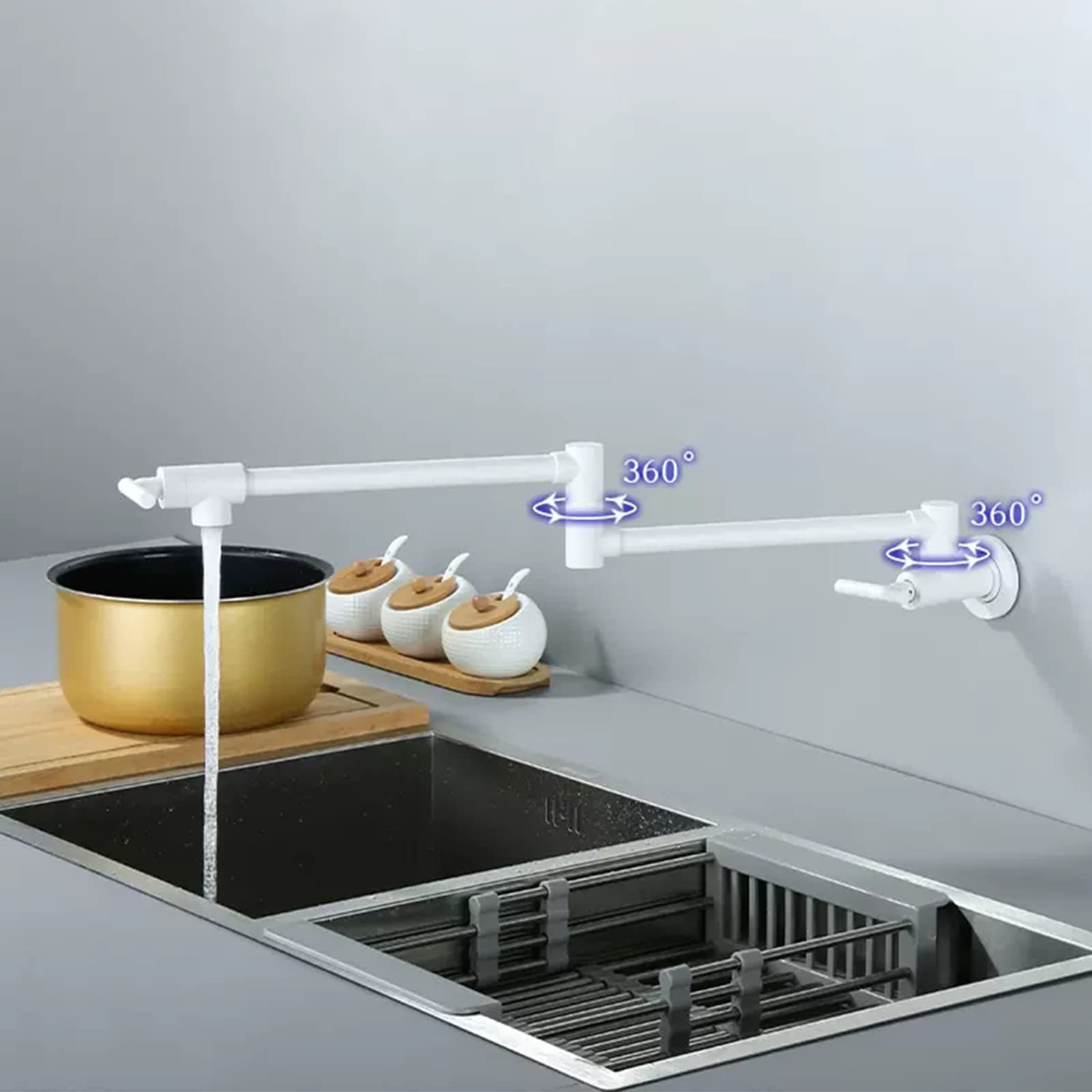 Grifo de llenado de ollas blanco, grifo de cocina plegable con brazo oscilante de doble manija de un solo orificio, grifo de llenado de ollas de cocina de montaje en pared de latón