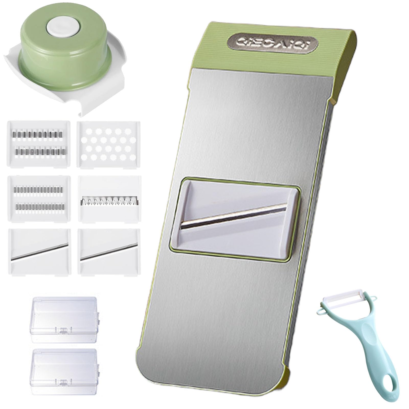 multifunctional vegetable cutter 6 blade vegetable chopper food chopper with container for potato strips onion cubers carrot sticks dicer slicer cutter julience cheese grater green-b