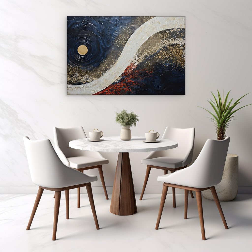 Canvas for Living Room. Golden Moonlight Sonata: A Symphony of Waves in Abstract Art, 27 x 18 inch Canvas Wall Art - Contemporary Masterpieces - Modern Home Decor