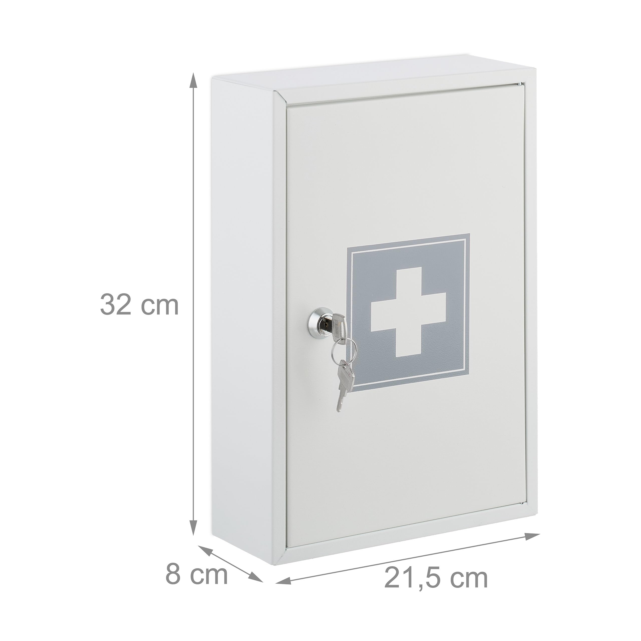 Relaxdays Armadietto Pronto Soccorso per Medicinali, Cassetta con Chiusura di Sicurezza, 32 x 21,5 x 8 cm, Bianco Grigio