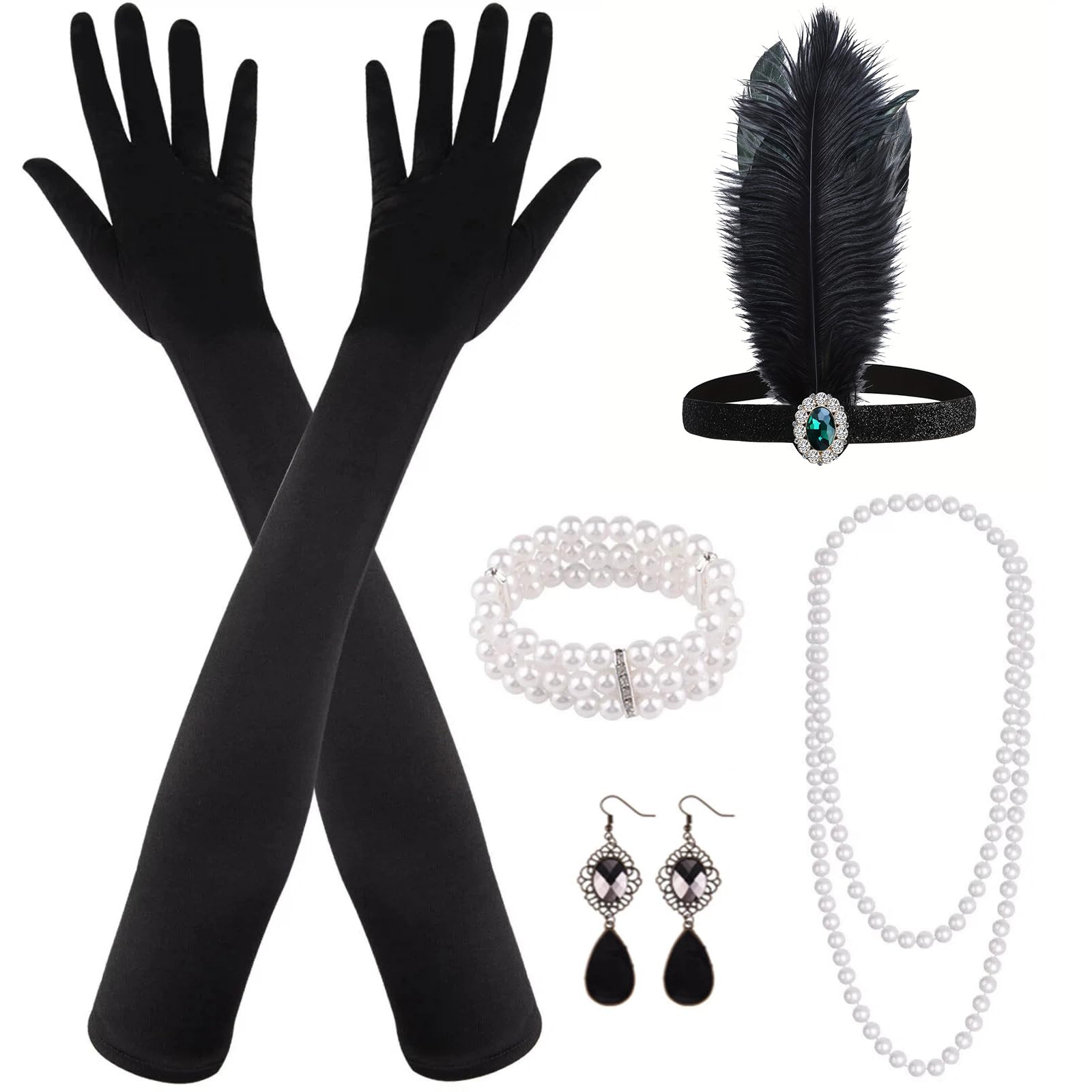 MIAHART 8 Pieces 1920s Flapper Great Gatsby Accessories Set Fashion Roaring 20's Theme with Headband Headpiece Long Black Gloves Necklace Earrings for Women (Green)
