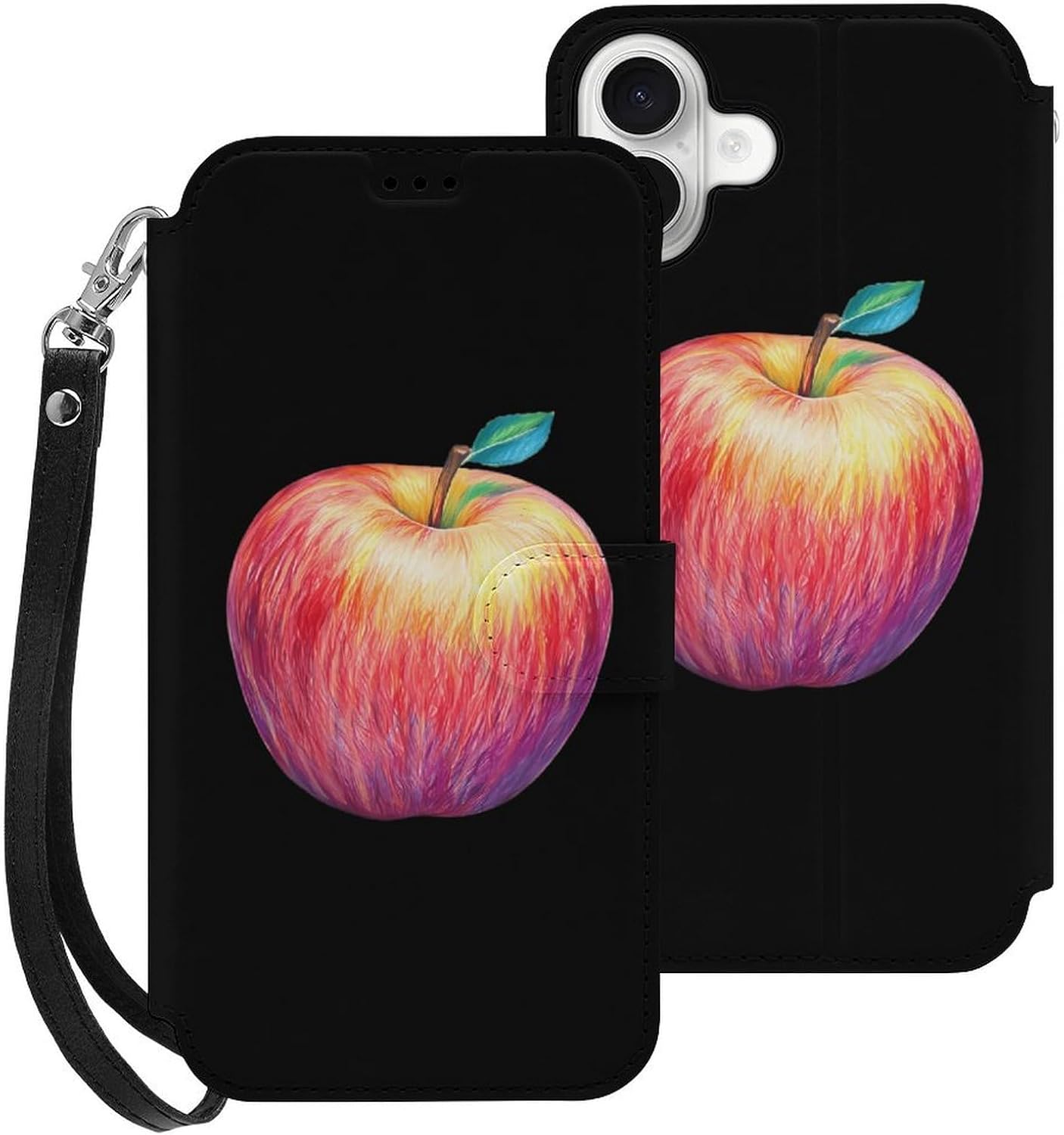 Drawing Fruit Compatible with iPhone 16/16 Plus/16 Pro/16 Pro Max/16 E Case Phone Wallet Card Holder Flip Cover with Wrist Strap