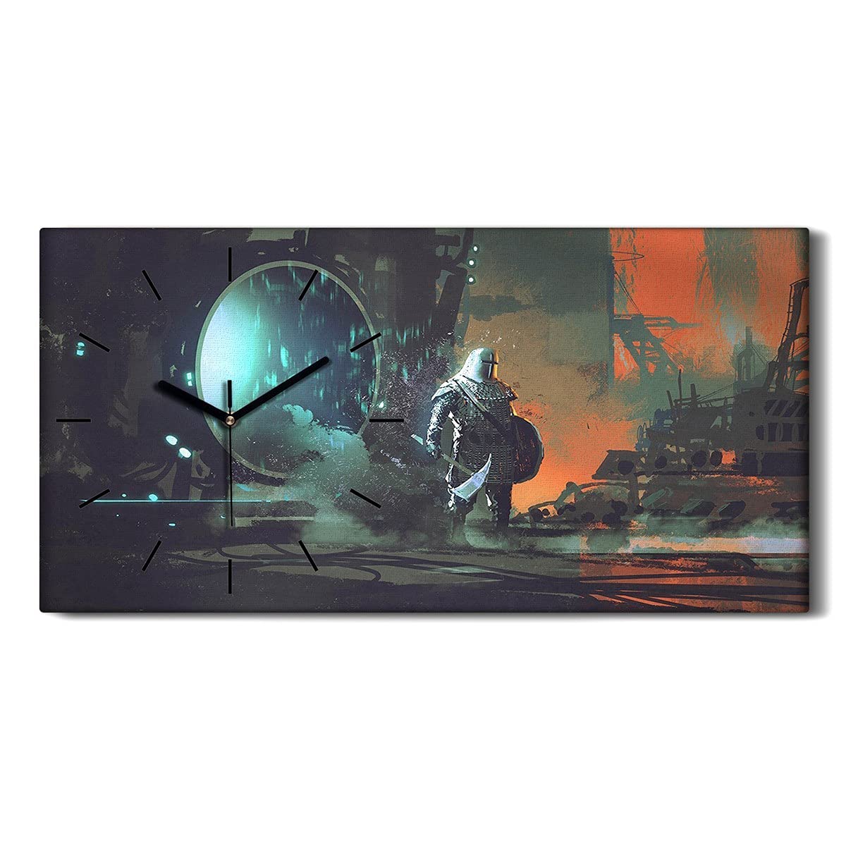 Horloge sur Toile Chevalier Monde Futuriste 60x30cm Mains Noires