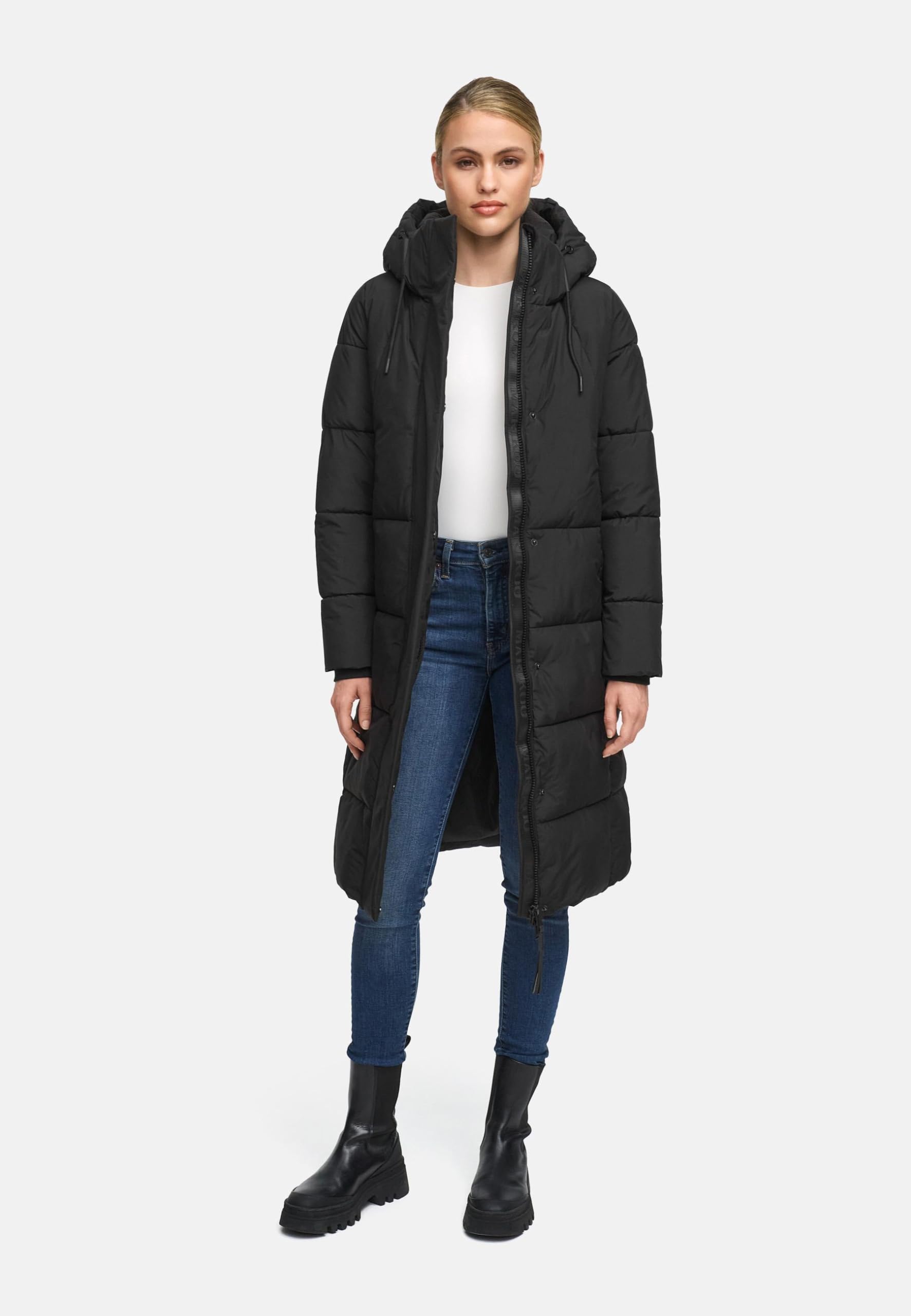 MARIKOO Damen Langer Wintermantel warmer Steppmantel mit abnehmbarer Kapuze und magnetischen Details Chumanii XVI XS-6XL
