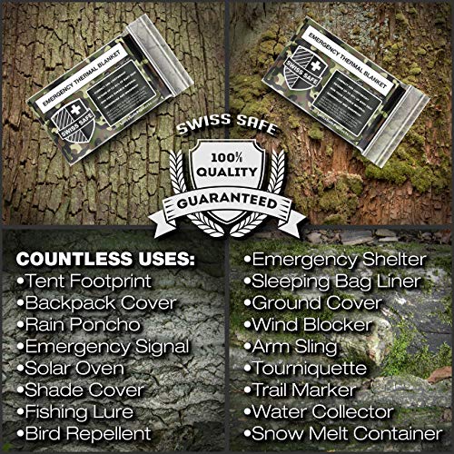 Image of Swiss Safe 4 Pack Mylar Emergency Blankets for Survival - Compact & Insulated for Cold Weather - Designed for NASA, Outdoor, Running, Camping, Survival, First Aid Car Kit - Woodland Camo, 4 Pack