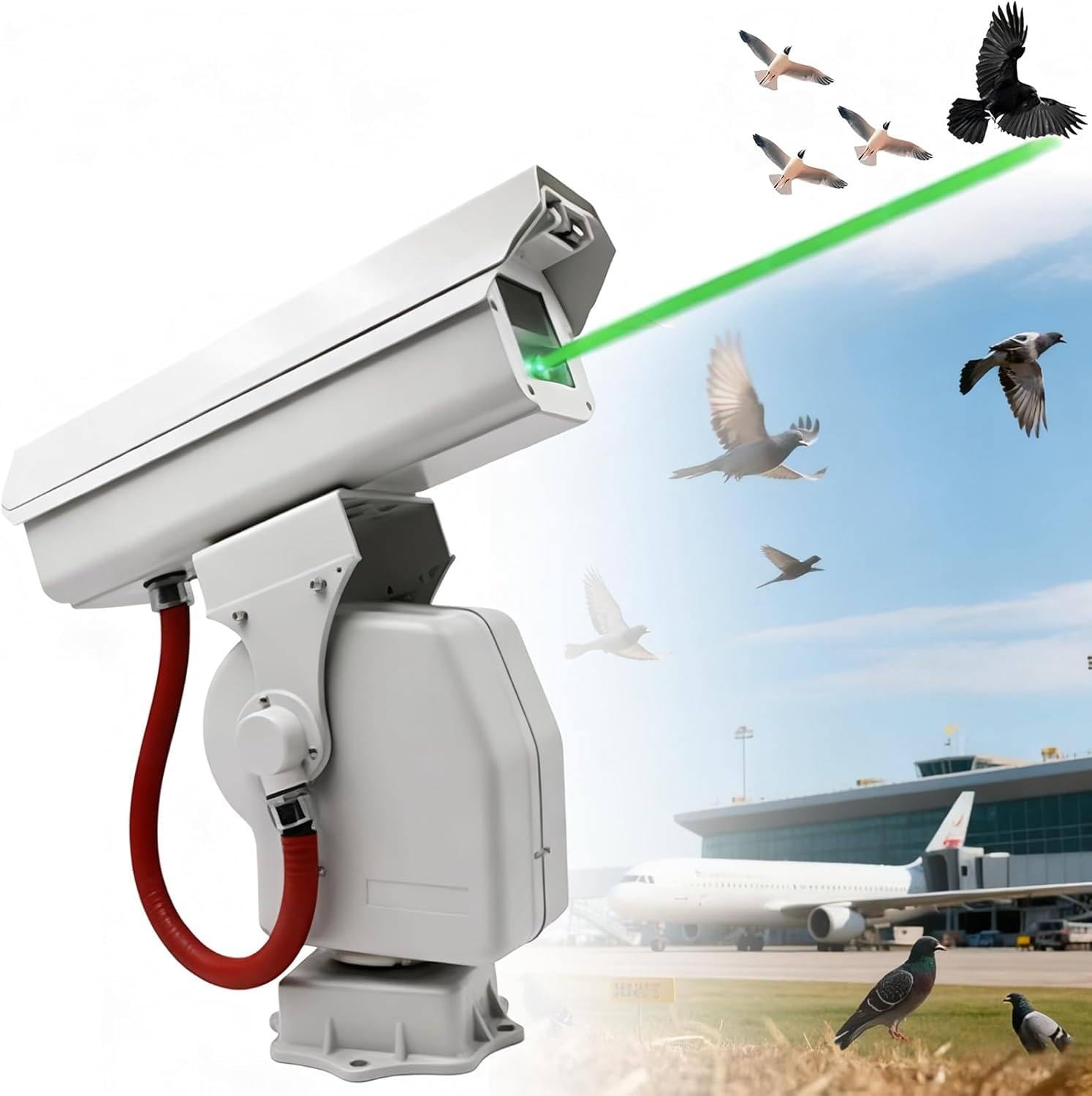 Dispositivo profesional de espantapájaros con rotación de 360° y modo de crucero automático para protección industrial de turbinas eólicas, subestaciones y edificios patrimoniales